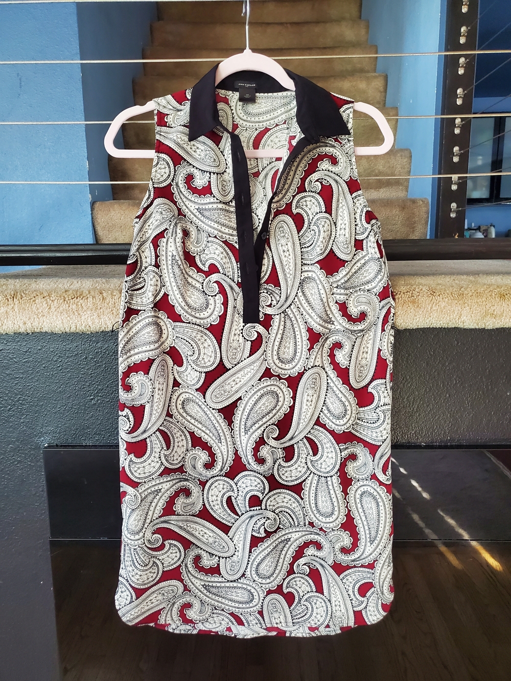 Ann Taylor Sleeveless Paisley Mini Dress in Burgundy, White and Black